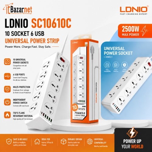 LDNIO Universal Power Strip SC10610C 10Port with 6 USB Ports 33W & 2M Cable Image