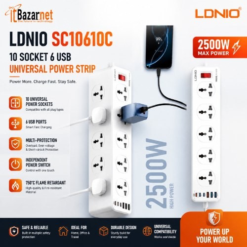 LDNIO Universal Power Strip SC10610C 10Port with 6 USB Ports 33W & 2M Cable Image