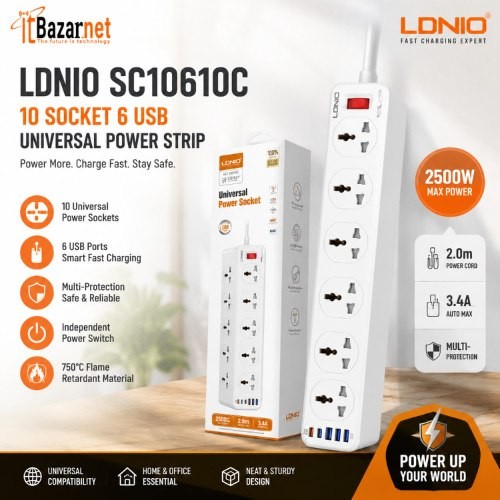 LDNIO Universal Power Strip SC10610C 10Port with 6 USB Ports 33W & 2M Cable Image