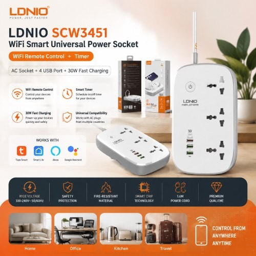 LDNIO WiFi Smart Power Strip SCW3451 3 Socket 4USB 30W Fast Charging Image