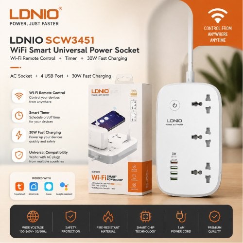 LDNIO WiFi Smart Power Strip SCW3451 3 Socket 4USB 30W Fast Charging Image