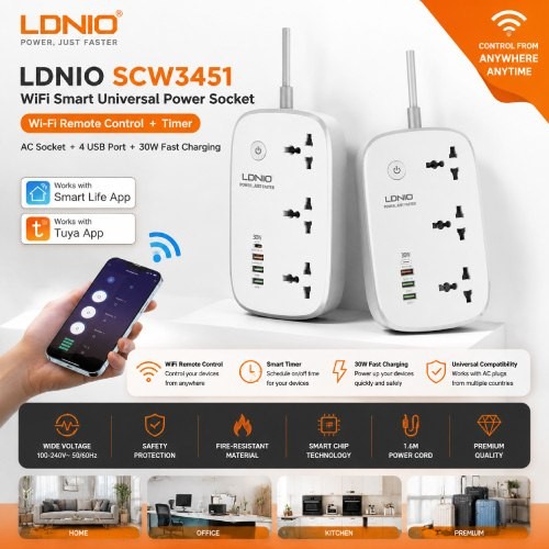 LDNIO WiFi Smart Power Strip SCW3451 3 Socket 4USB 30W Fast Charging Image