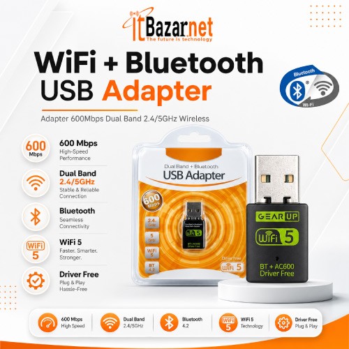 WiFi + Bluetooth USB Adapter 600Mbps Dual Band Support