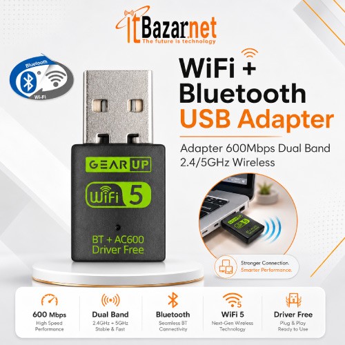 WiFi + Bluetooth USB Adapter 600Mbps Dual Band Support Image