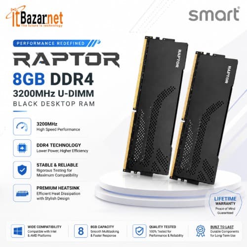 SMART Raptor 8GB DDR4 3200MHz U-DIMM Black Desktop RAM Image