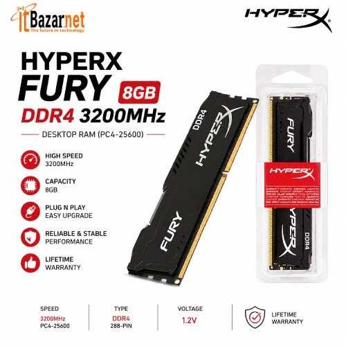 HyperX Fury 8GB DDR4 3200MHz Desktop RAM 3200MHz (PC4-25600) Image