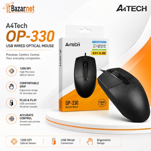 A4Tech OP-330 USB Wired Optical Mouse | 1200 DPI Image