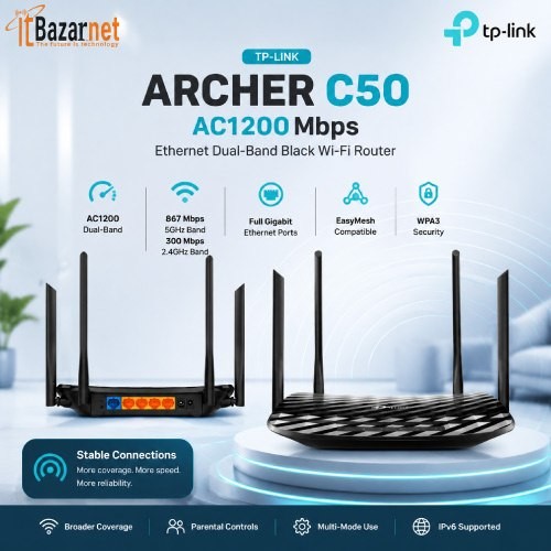 TPLink Archer C50 AC1200 Dual Band WiFi Router 300Mbps + 867Mbps Image