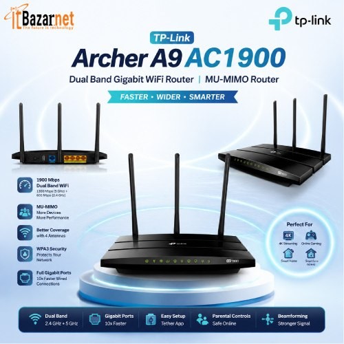 TPLink Archer A9 AC1900 Dual Band Gigabit WiFi Router MU-MIMO Router Image