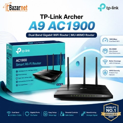 TPLink Archer A9 AC1900 Dual Band Gigabit WiFi Router MU-MIMO Router Image