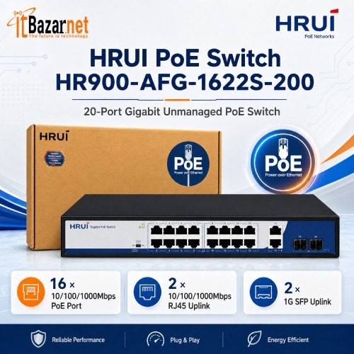 HRUI PoE Switch HR900-AFG-1622S-200 16 Port Gigabit PoE 185W with 2 RJ45 + 2 SFP Uplink