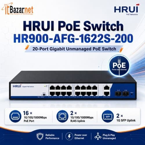 HRUI PoE Switch HR900-AFG-1622S-200 16 Port Gigabit PoE 185W with 2 RJ45 + 2 SFP Uplink Image