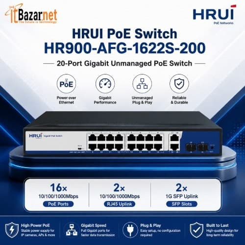 HRUI PoE Switch HR900-AFG-1622S-200 16 Port Gigabit PoE 185W with 2 RJ45 + 2 SFP Uplink Image