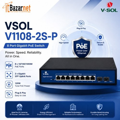 VSOL PoE Switch V1108-2S-P 8Port Gigabit PoE Switch with 2 SFP Uplink Image