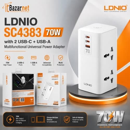 LDNIO Universal Desktop Power Adapter SC4383 70W  with 2 USB-C & 1 USB-A Image