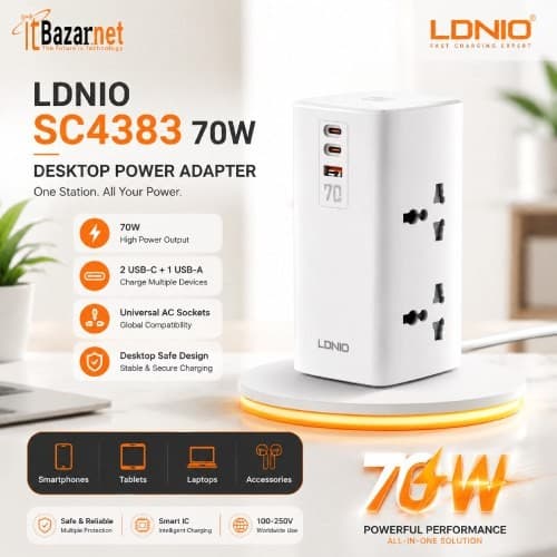 LDNIO Universal Desktop Power Adapter SC4383 70W  with 2 USB-C & 1 USB-A Image