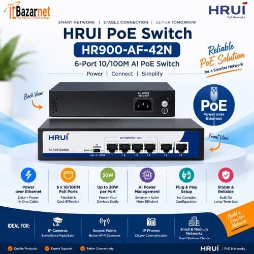 HRUI PoE Switch HR900-AF-42N 6Port 10/100M AI PoE Switch 4 PoE+2 Uplink Image