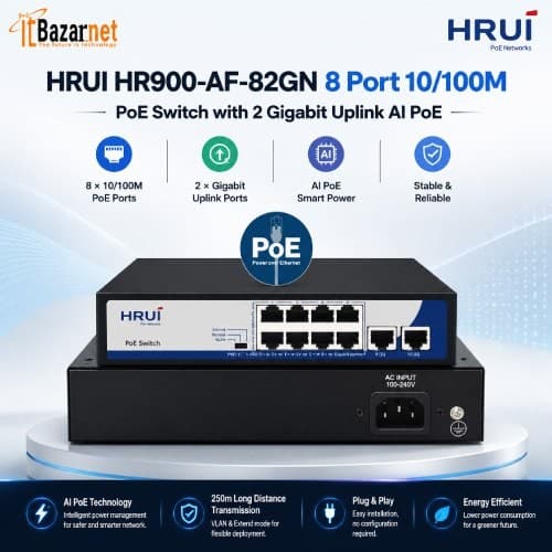 HRUI PoE Switch HR900-AF-82GN 8Port 10100M PoE Switch with 2 Gigabit Uplink AI PoE Image