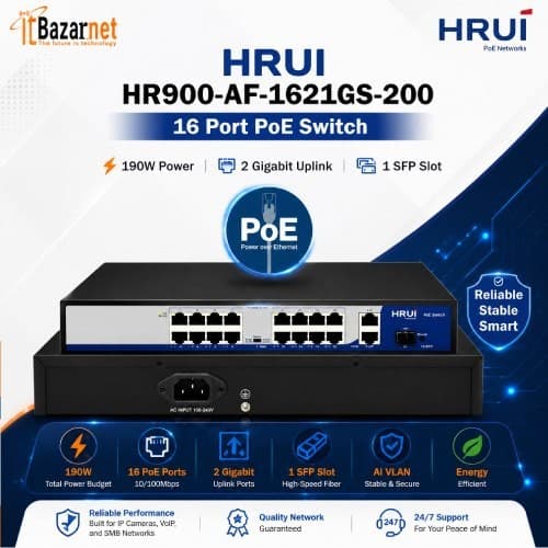 HRUI PoE Switch HR900-AF-1621GS-200 16 Port PoE Unmanaged Switch 190W 2Gigabit Uplink + 1 SFP Image