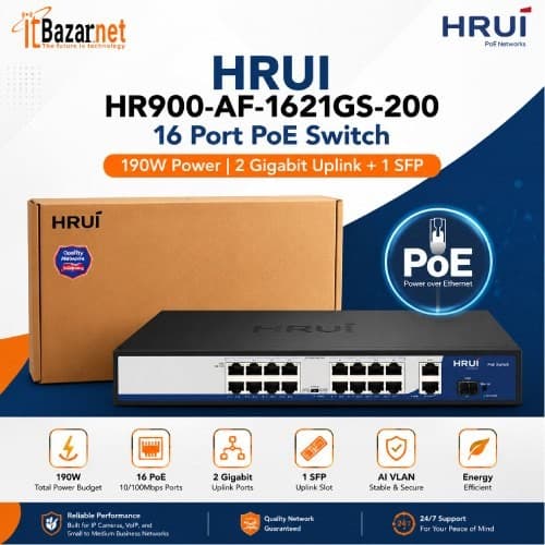 HRUI PoE Switch HR900-AF-1621GS-200 16 Port PoE Unmanaged Switch 190W 2Gigabit Uplink + 1 SFP Image