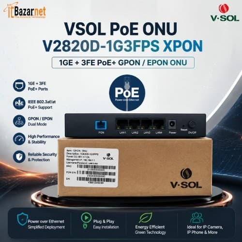 VSOL PoE ONU V2820D-1G3FPS XPON 1GE + 3FE PoE+ GPON /EPON ONU Image