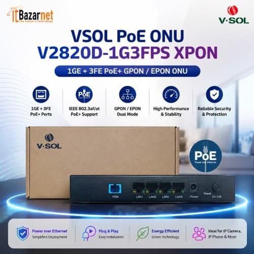 VSOL PoE ONU V2820D-1G3FPS XPON 1GE + 3FE PoE+ GPON /EPON ONU Image