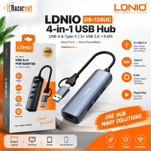 LDNIO USB Hub DS-124UC 4-in-1 USB Hub USB A & Type C 3× USB 3.0 + RJ45