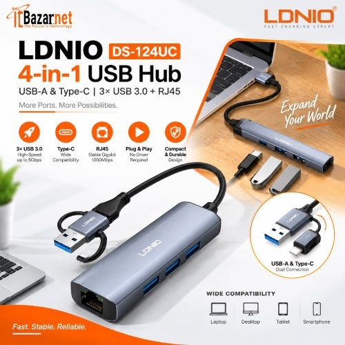 LDNIO USB Hub DS-124UC 4-in-1 USB Hub USB A & Type C 3× USB 3.0 + RJ45 Image