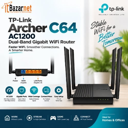 TPLink Router Archer C64 AC1200 Dual Band Gigabit WiFi Router Image
