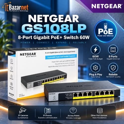 NETGEAR PoE Switch GS108LP 8Port Gigabit PoE+ Switch 60W Unmanaged PoE Switch