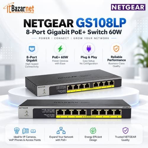 NETGEAR PoE Switch GS108LP 8Port Gigabit PoE+ Switch 60W Unmanaged PoE Switch Image