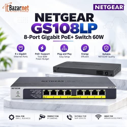 NETGEAR PoE Switch GS108LP 8Port Gigabit PoE+ Switch 60W Unmanaged PoE Switch Image