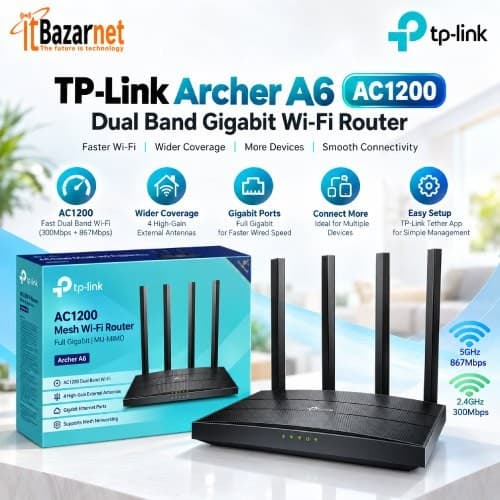 TPLink Archer A6 AC1200 Dual Band Gigabit WiFi Router Image