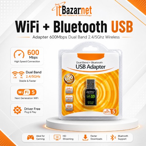 WiFi + Bluetooth USB Adapter 600Mbps Dual Band Support Image