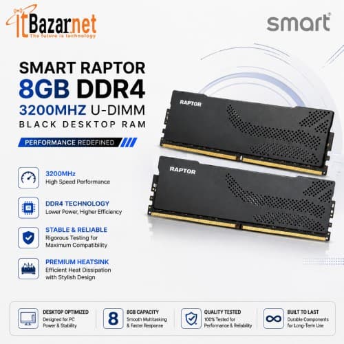 SMART Raptor 8GB DDR4 3200MHz U-DIMM Black Desktop RAM Image
