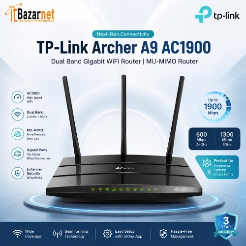 TPLink Archer A9 AC1900 Dual Band Gigabit WiFi Router MU-MIMO Router Image