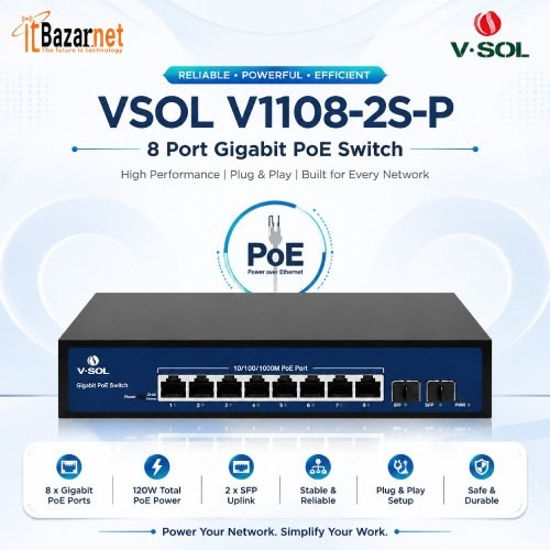 VSOL PoE Switch V1108-2S-P 8Port Gigabit PoE Switch with 2 SFP Uplink Image