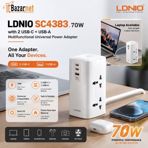 LDNIO Universal Desktop Power Adapter SC4383 70W with 2 USB-C & 1 USB-A Image