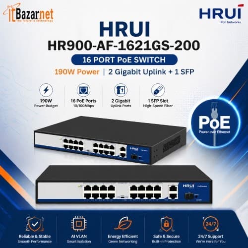 HRUI PoE Switch HR900-AF-1621GS-200 16 Port PoE Unmanaged Switch 190W 2Gigabit Uplink + 1 SFP Image